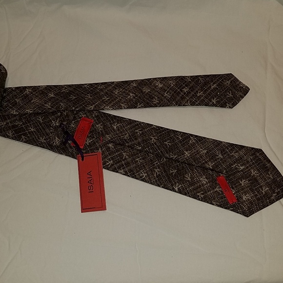 ISAIA Napoli 7 Fold Logo Tie Brown Grey Weeve - Picture 2 of 6